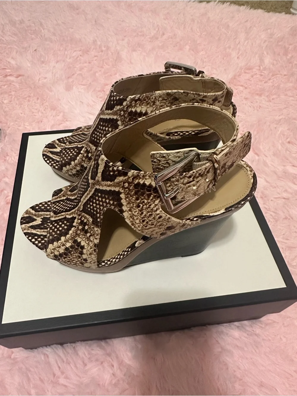 Michael Kors Snake-Print Wedge Sandals in Brown and Cream